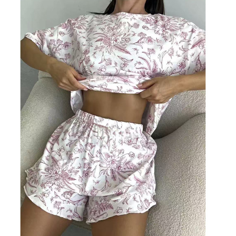 外贸休闲女装跨境家居服爱心印花短袖睡衣短裤两件套宽松舒适套装|undefined