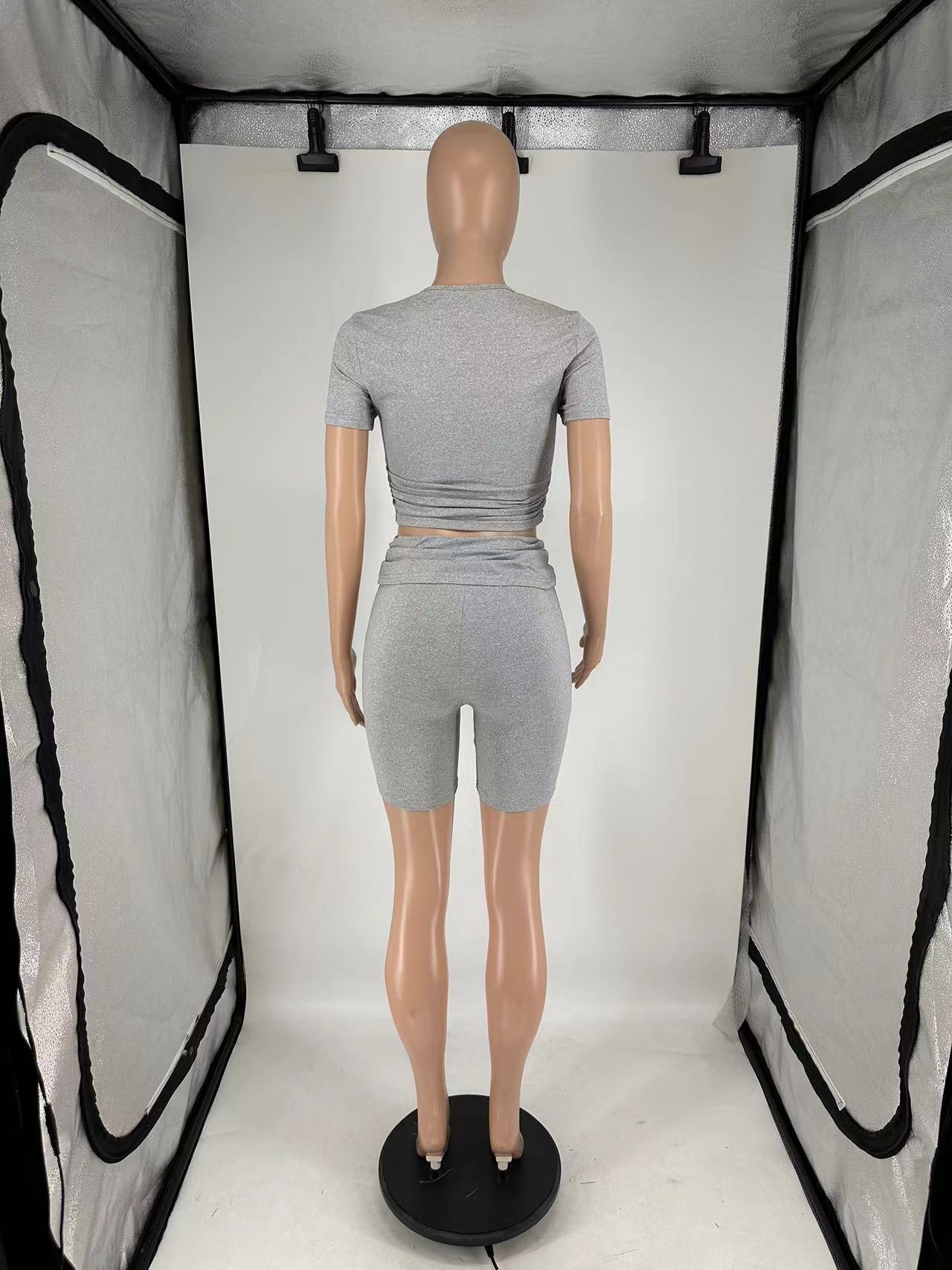 Women's Casual Short Sleeve Top + Roll-Up Shorts Set – Trendy Two-Piece Outfit (Black/Light Gray/Blue/Pink, S-Xl)_ecoleips.com