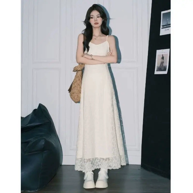 Французское абрикосовое кружевное вязанное крючком платье на подтяжках для женщин, красивая длинная юбка трапециевидной формы в праздничном стиле