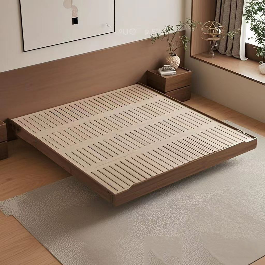 Black Walnut Solid Wood Bed No Bedside Suspension Bed Antique Master Bedroom Double Bed Small Apartment Vintage Rack Bed