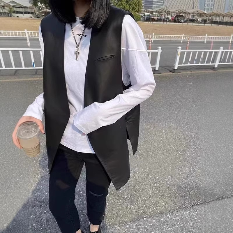 Shanli Dadi Light Luxury Stylish Leather Jacket and Vest for Women, New Versatile Outerwear Pu Leather Sleeveless Vest for Spring and Autumn