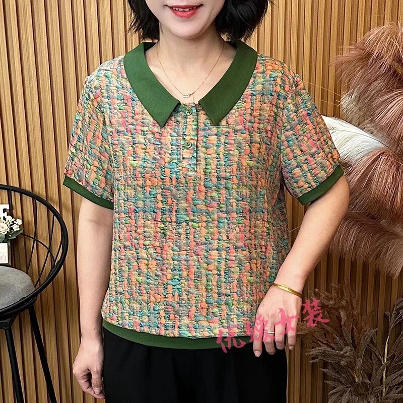 Dropshipping Mom's Lapel Ice Silk Summer Dress for Middle-Aged and Elderly Loose Tops Summer Short-Sleeved T-Shirt Mother's Day