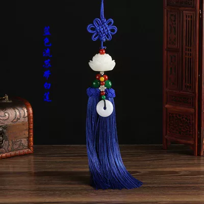 Chinese knot tassel decoration — Car hanging - white-lotus-car-hanger-blue-tassel