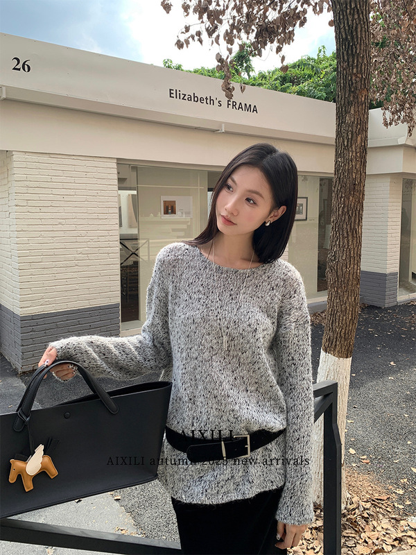 爱西里2025秋简约宽松百搭慵懒风圆领彩点杂色长袖针织衫A1586|undefined