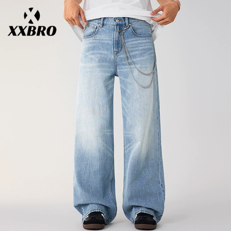 xxbro мужская одежда # Мужские прямые универсальные джинсы 2025 года, светло-голубые, модные, брендовые, с потертостями и эффектом выстиранности