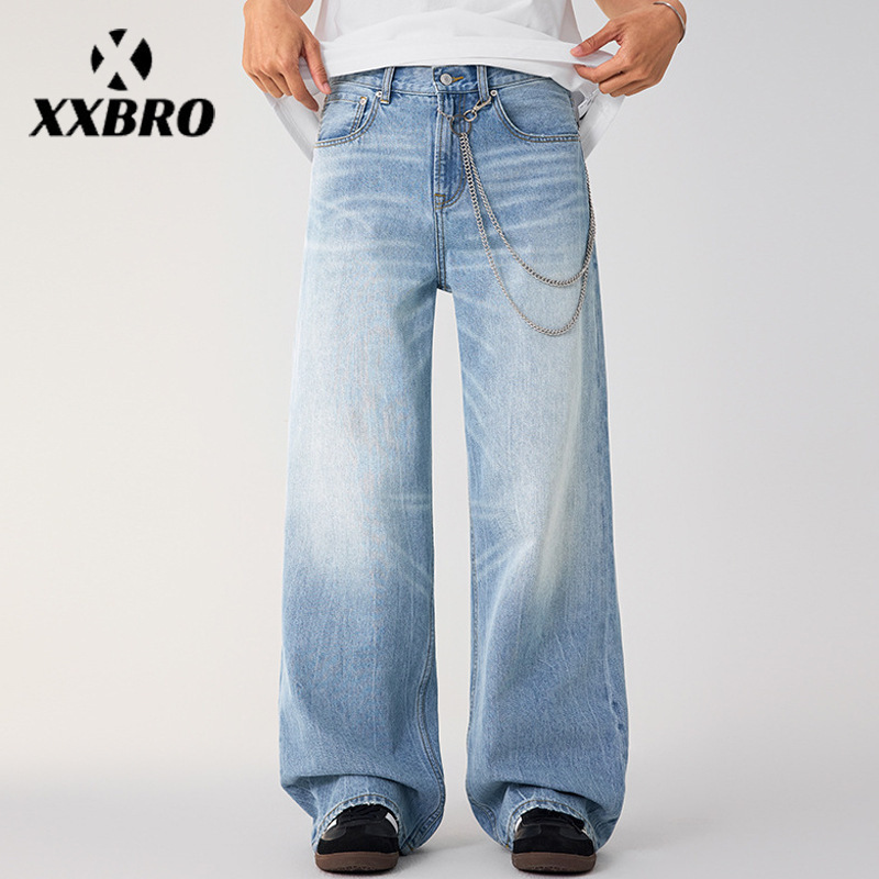 Muxi Clothing # Light Blue Washed Vintage Straight-Leg Versatile Trousers Trendy Brand Distressed Whiskered American-Style Men's Jeans
