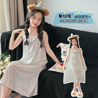 女童冰雪丝蕾丝花边蓝色条纹吊带睡裙亲子装夏季新款可外穿家居服