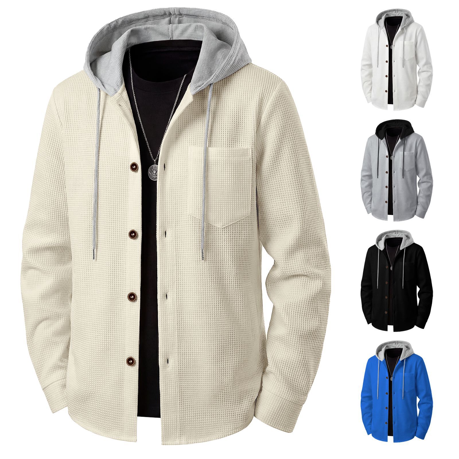 Heren wafelgebreide hoodie met zakken en knopen voor casual look_voghion.com
