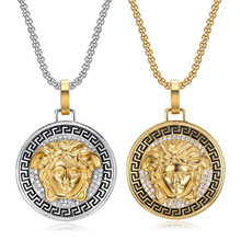 欧美跨境新款潮人嘻哈HIPHOP饰品  钛钢镀金点钻希腊神话吊坠项链