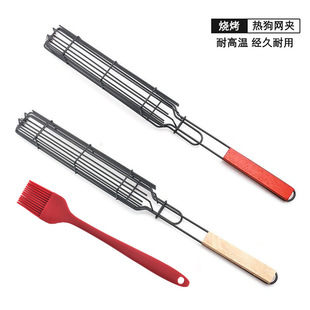 Cross-Border Bbq Grill Mesh Wooden Handle Sausage Barbecue Clip Corn Grill Mesh Clip Hot Dog Ham Grill Outdoor Barbecue Mesh Rack