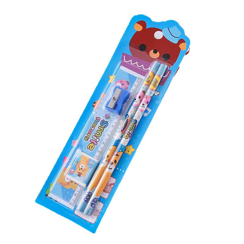 Children's Stationery Set, 5-Piece Early Learning Kit, Cartoon Pencils, Ruler & Sharpener