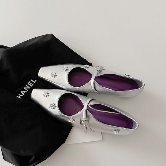 2025 New French Style Rhinestone Flower Inner Height Increasing Small Square Toe Shallow Mouth Single-layer Shoes Women's One-word silver Mary Jane Shoes