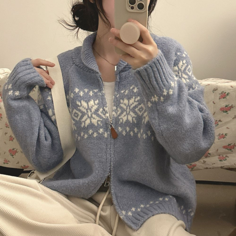 Chique coreano otoño invierno nicho retro Jacquard diseño suelto multifacé camiseta de manga larga suéter chaqueta mujer image 4