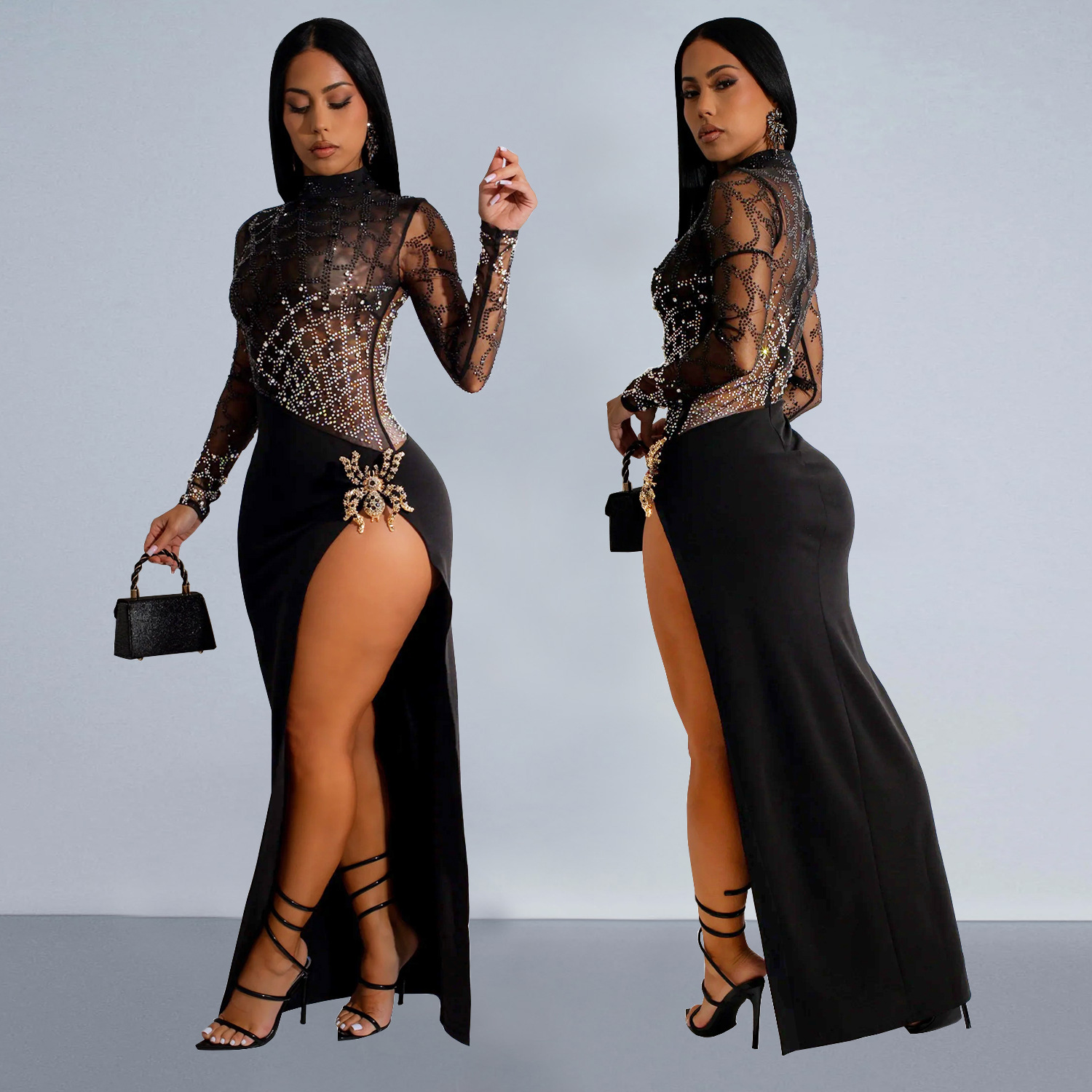 C7119 Aliexpress transfronterizo amazon de moda europea y americana ropa de mujer con diamantes calientes sexy hueco de manga larga vestido bifurcado image 4