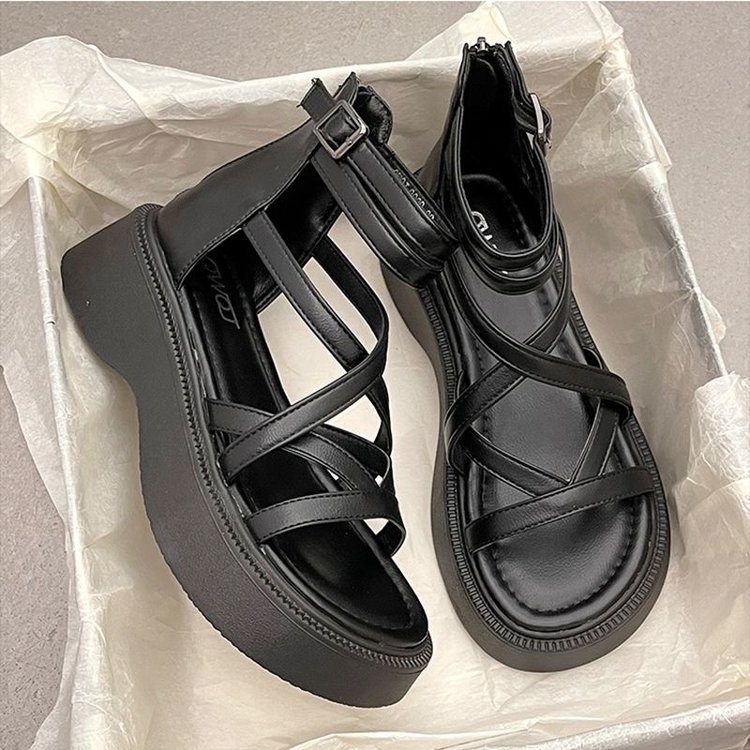 Muffin bottom sandalias mujeres 2026 verano nuevo diseño hueco de altura de suela gruesa cruzada zapatos romanos sandalias botas