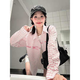 人气通勤开衫粉色格子 POLO 领防晒衬衫女 2025 秋季开衫长袖修衬