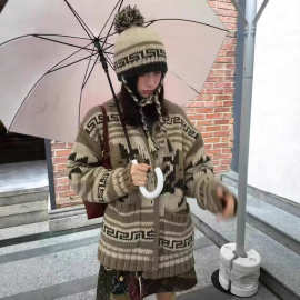 韩国小众25冬款复古费尔岛提花粗棒针开衫毛衣女慵懒宽松百搭外套