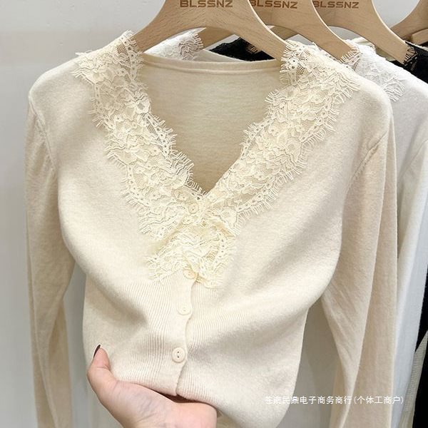 This Year's New Autumn and Winter French Style Collar Lace Long-Sleeved Knitted Cardigan Women's Soft and Versatile Tops Are Trendy