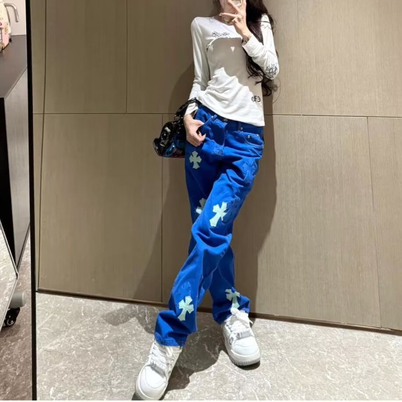 American-Style Patchwork Trendy Cool Design New Straight-Leg Pants for Women, Summer Slim-Fit Street-Style Loose Wide-Leg Jeans
