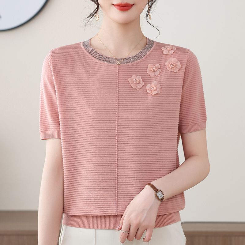 Trendy Summer Ice Silk Blouse for Middle-Aged and Elderly Women, New Short-Sleeve Top for Mother's Day