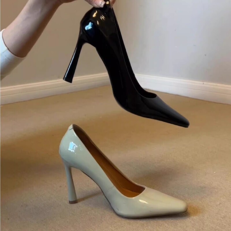 Sheepskin Version~ Stylish Square-Toe Patent Leather High Heels for Women, Genuine Leather Slip-On Shoes for Commuting and Work