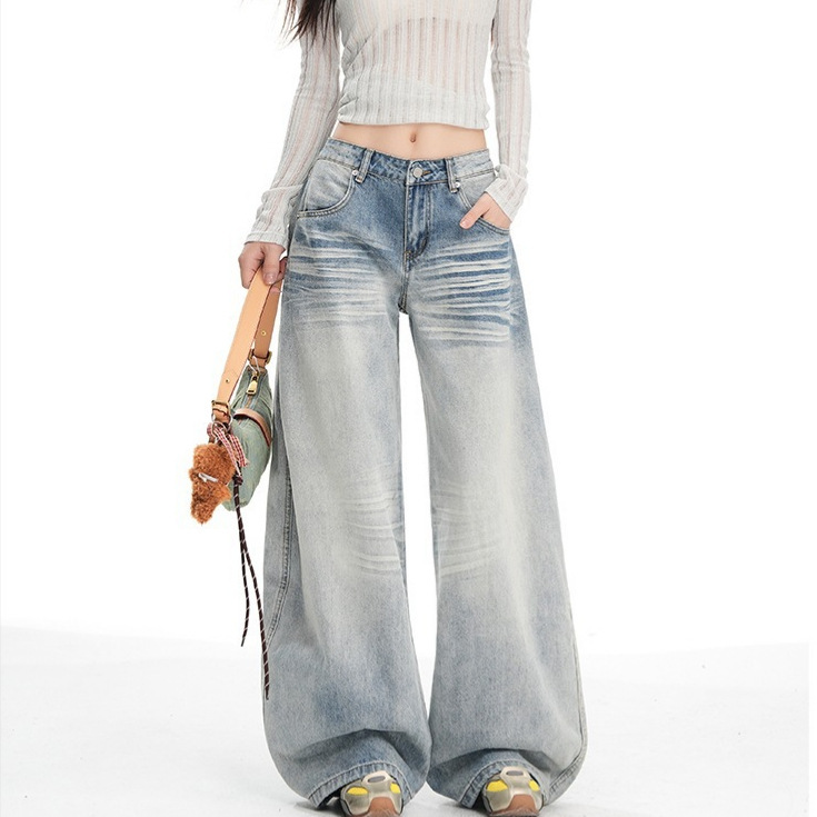 Wide-Leg Loose-Fitting Scimitar Jeans for Women, Spring and Summer Low-Waist Slimming Straight Wide-Leg Pants, Women's Denim Drape Pants