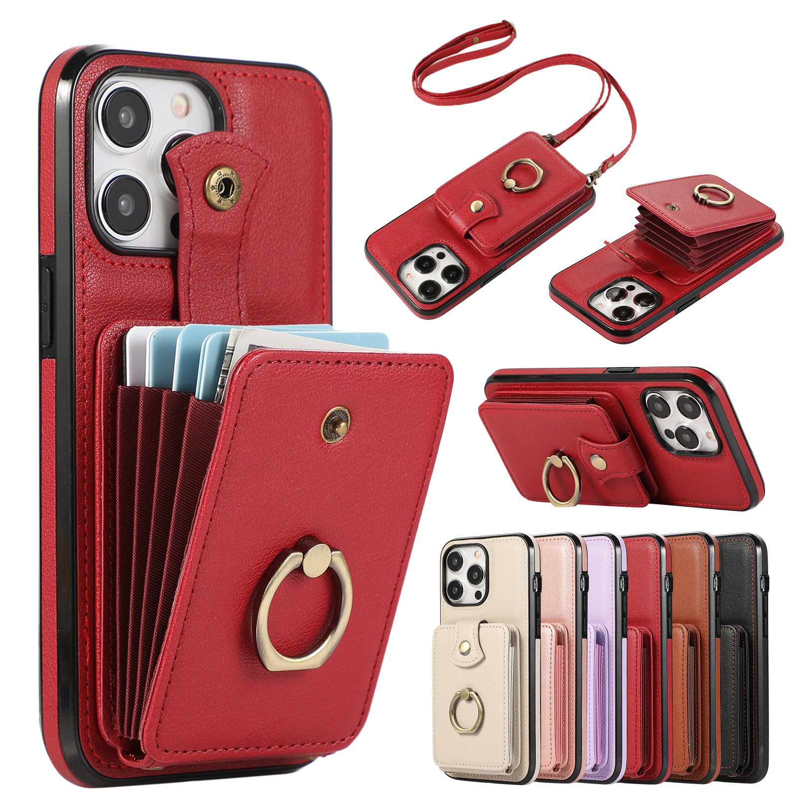 Phone Wallet Case With Ring Buckle And Crossbody Strap For Mobile_voghion.com