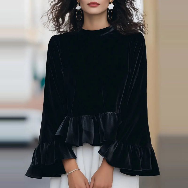 2026 Amazon Independent Site European and American Ins Style Women's Velvet Long-Sleeve Solid Color Round Neck Ruffle Sweatshirt 2026 Amazon Independent Site European and American Ins Style Women's Velvet Long-Sleeve Solid Color Round Neck Ruffle Sweatshirt