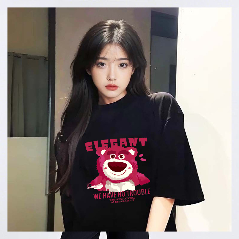 2026 impresión de oso de fresa versátil comercio exterior inns cuello redondo camiseta de manga corta camiseta casuales blanco T pareja