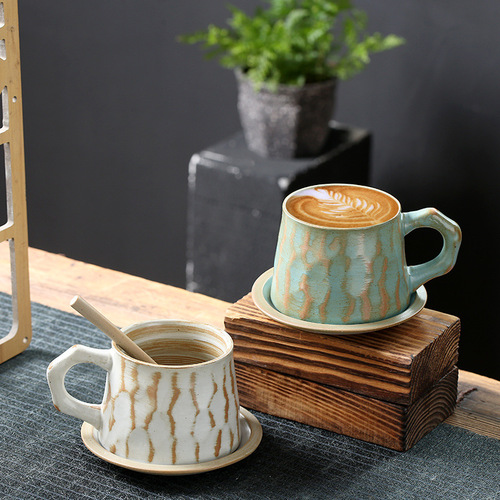 Cross-border ceramic coffee cup set Japanese retro high-end restaurant milk cup milk tea shop cup and saucer stoneware tea set
