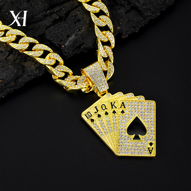 European And American Hip-hop Cuban Chain Full Diamond Playing Card Pendant Trendy Card Niche Men's Necklace_voghion.com