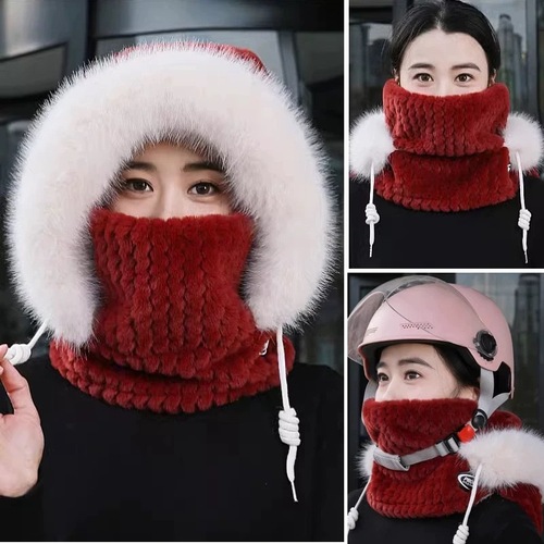 Cap with integrated winter scarf, ear protection, windproof, warm, for cycling, plush, for electric bike, thick hooded cover