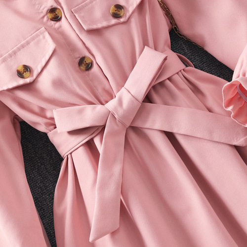 New Women's and Older Children's Long-Sleeve Collared Solid Color Dress with Belt and Hat