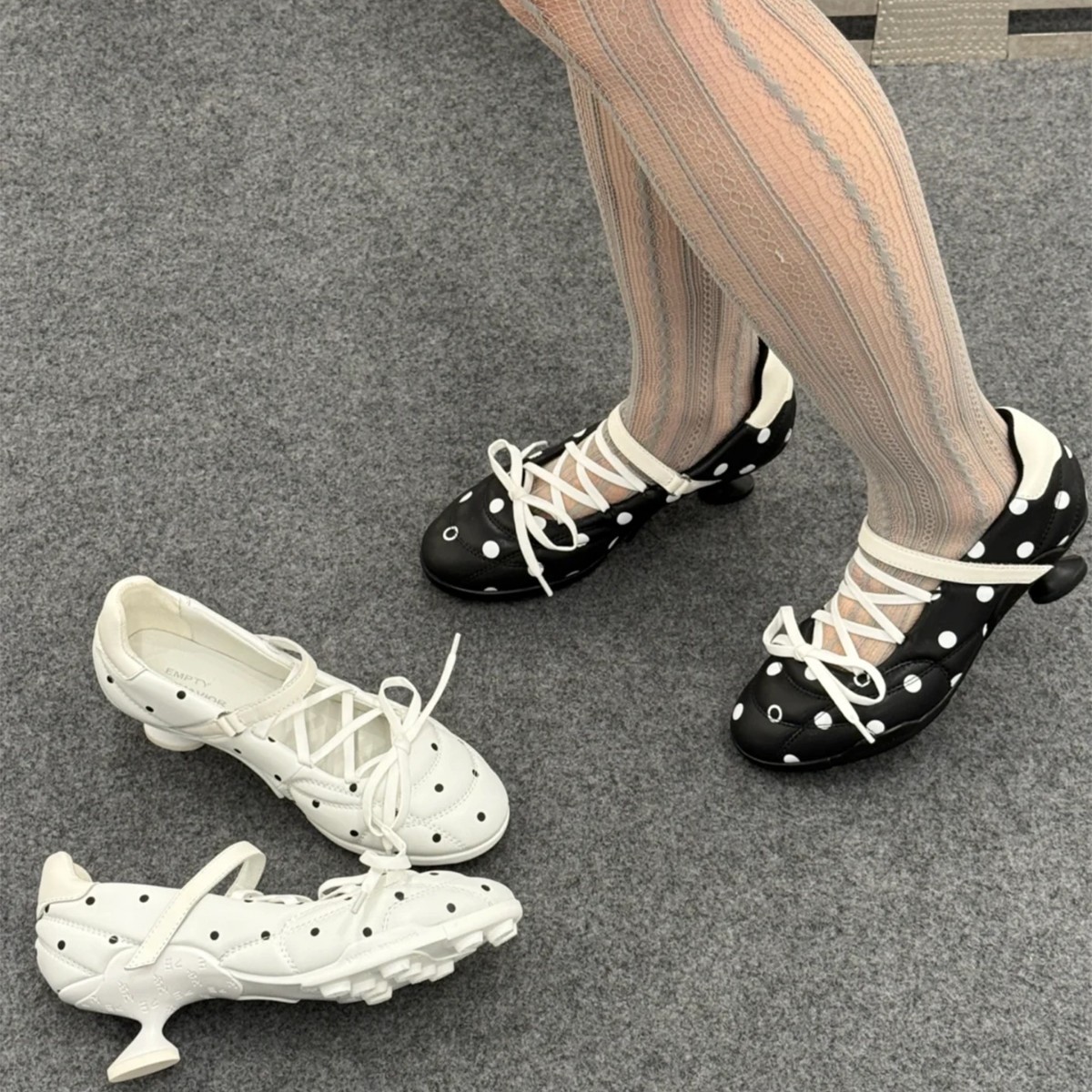[Ready Stock] French Polka Dot Sports Style Ballet Mary Jane Shoes Round Toe Strap Niche Flats Special-Shaped High Heels