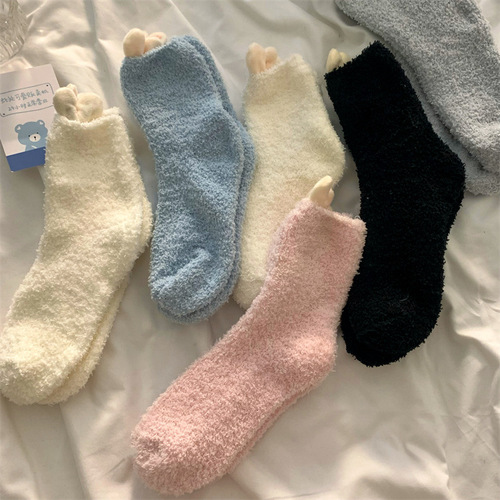 Cute bunny ears coral fluffy socks for women mid-calf autumn and winter thickened plus velvet warm girls anti-slip floor socks