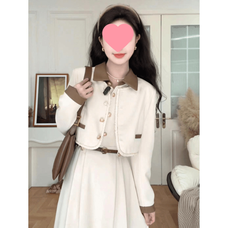 2025秋季新款气质外套显瘦收腰连衣裙长袖杏色千金风外套两件套女|undefined