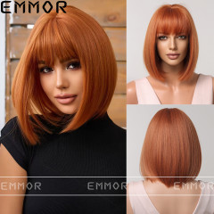 アマゾンの国境を越えたファッションの人気モデルwigチー前髪オレンジ色の短髪bobo頭の全頭カバーかつら女