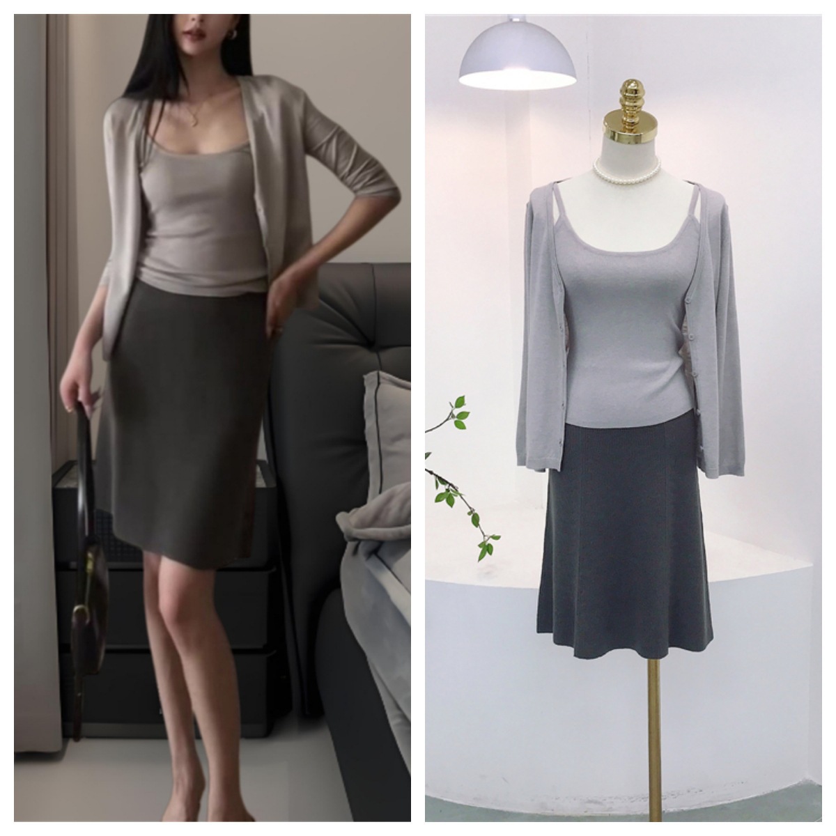 8166 Spring and Autumn Wool Blend Intellectual Style Round Neck Slim Fit Suspender Top + Cardigan + Skirt Three-Piece Set