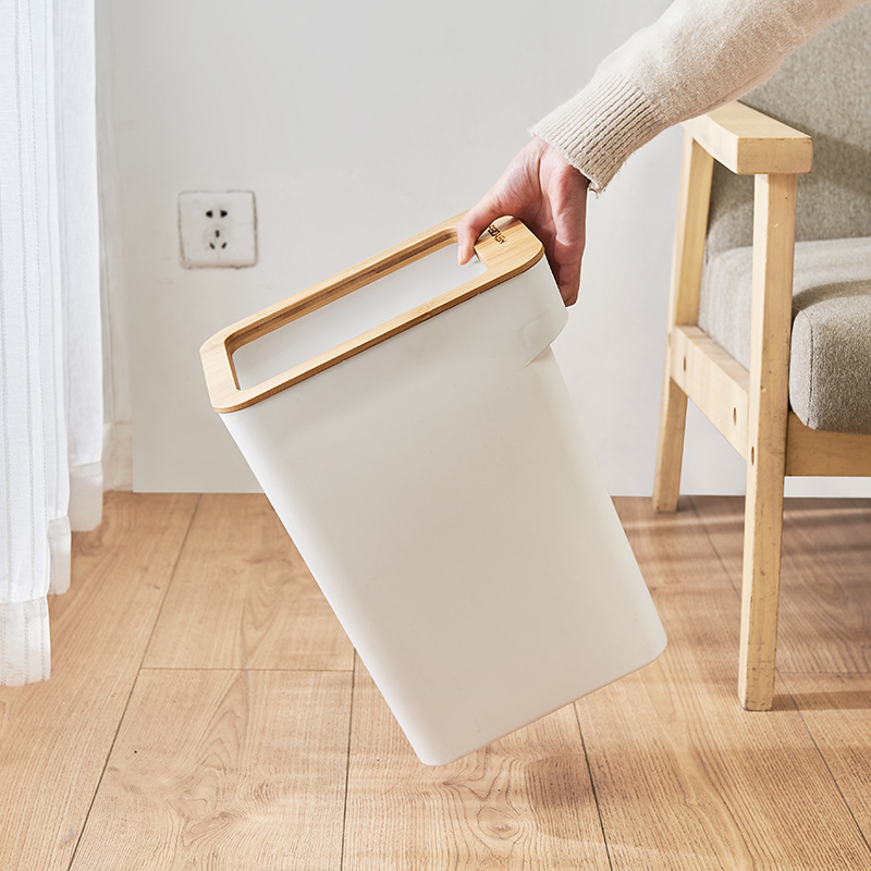 Bamboo wood cover square plastic household trash can with pressure ring living room bedroom open non-lid texture office storage bucket