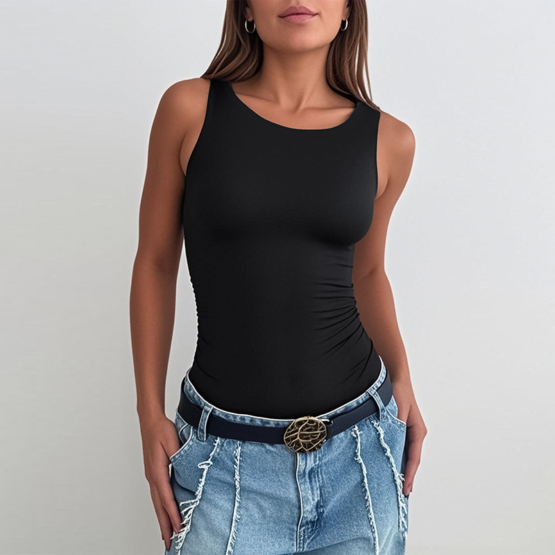 2025 europeo y americano transfronterizo simple calle chica caliente color sólido sexy todo fósforo chaleco delgado sin espalda mono mujer al por mayor