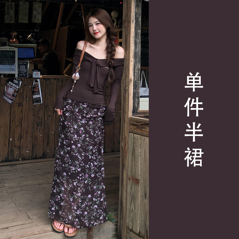 法式气质碎花连衣裙子女2025新款斜肩设计感入秋穿搭一整套装长裙|undefined