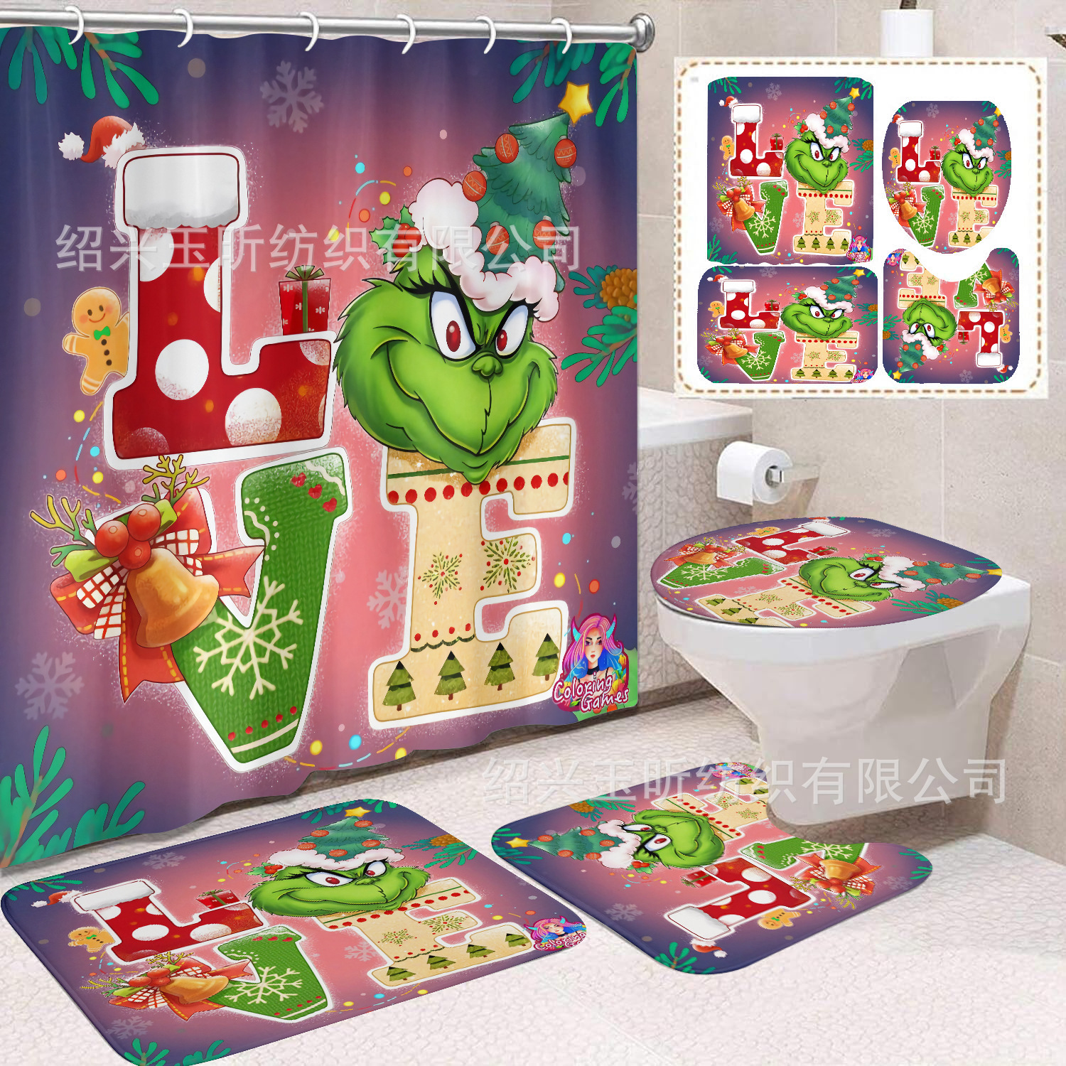 Tela de cortina de ducha transfronteriza, cortina de ducha impermeable, alfombra antideslizante de baño, juego de Grinch 4 de pelo verde al por mayor, sin perforación