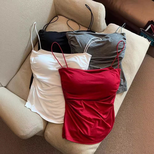 French style pure lust style hottie camisole women's summer pleated slim slim tube top spaghetti straps top with breast pads