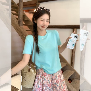 蓝色多巴胺休闲慵懒风短袖T恤女夏季2026年新款圆领宽松显瘦上衣