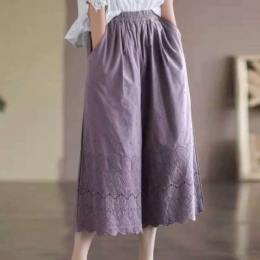 夏季新款森系文艺刺绣花边裤镂空女哈伦裤休闲七分阔腿裤蕾丝镂空