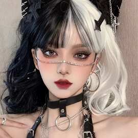 跨境亚马逊2025热卖黑白阴阳整顶假发女士短卷发 Cos厂家现货批发
