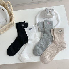 刺繡蝴蝶結襪子女miu風春夏薄款白色中筒襪網眼透氣潮流堆堆襪女