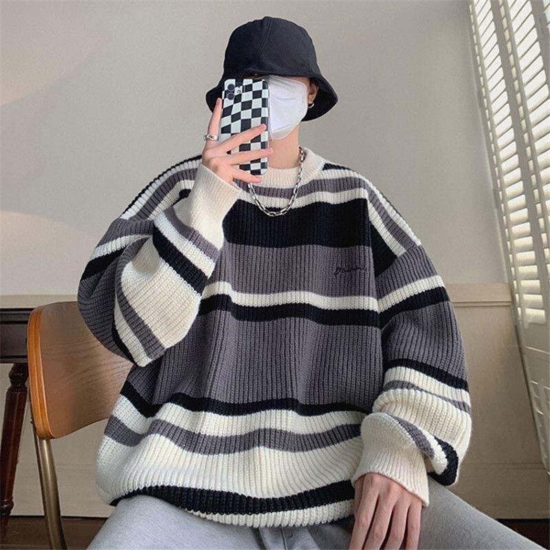Autumn and winter striped sweater men's versatile outerwear men's crew neck sweater Hong Kong wind spring and autumn plus size sweater factory straight hair