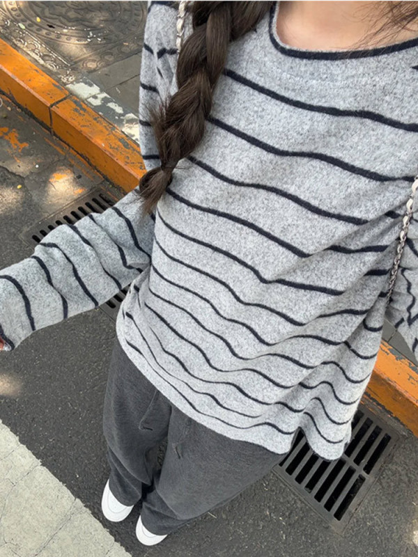 早秋氛围感穿搭休闲套装条纹长袖上衣灰色糯米裤子慵懒松弛感两件|undefined