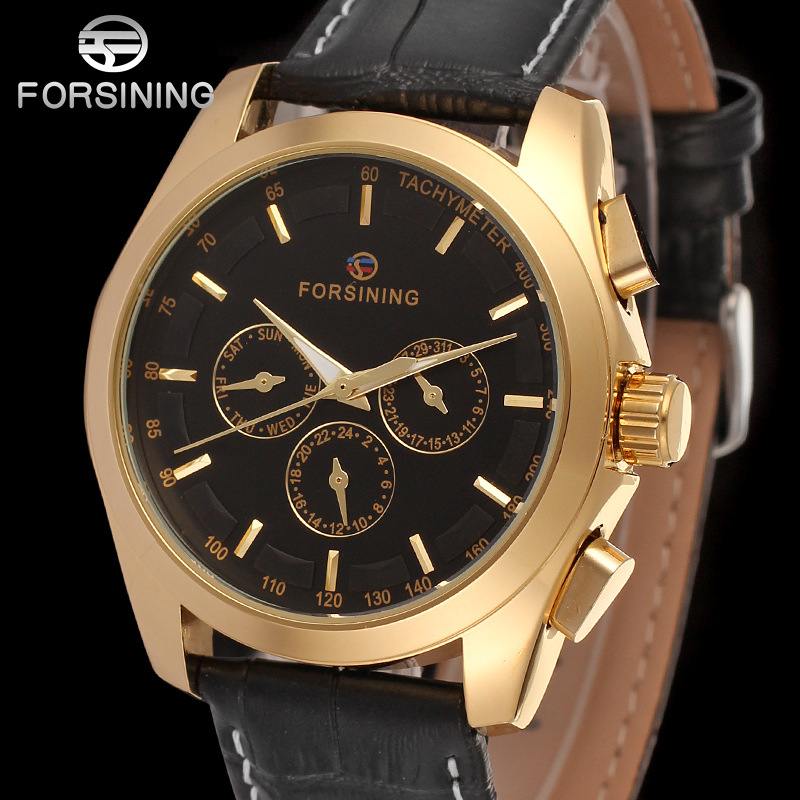FORSINING Fucini Watch Round Spike Scale Automatic Mechanical Watch Black Belt Watch Men's Watch